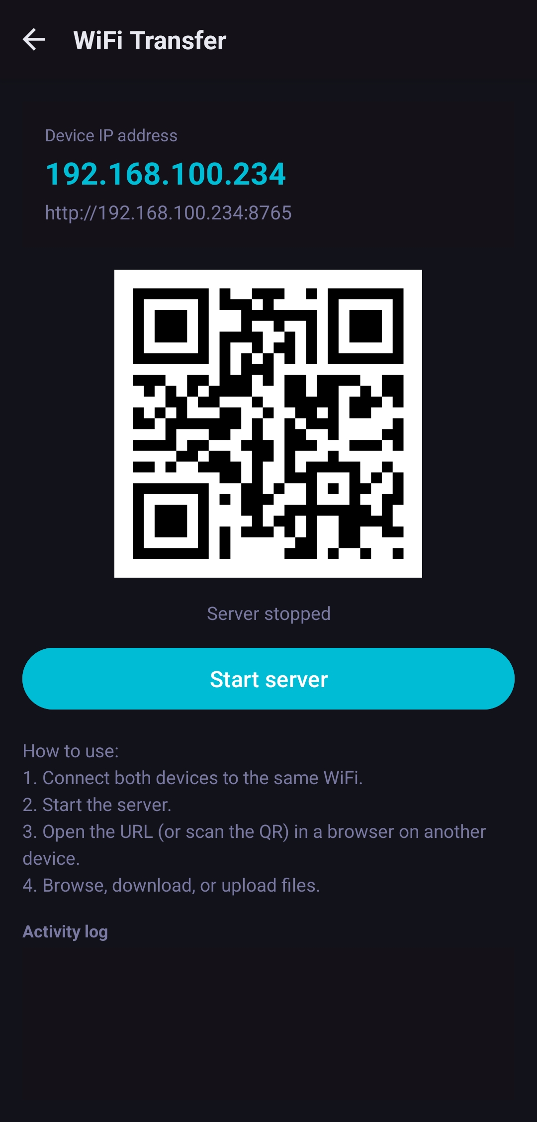 KRD WiFi Transfer screen showing a local address and QR code
