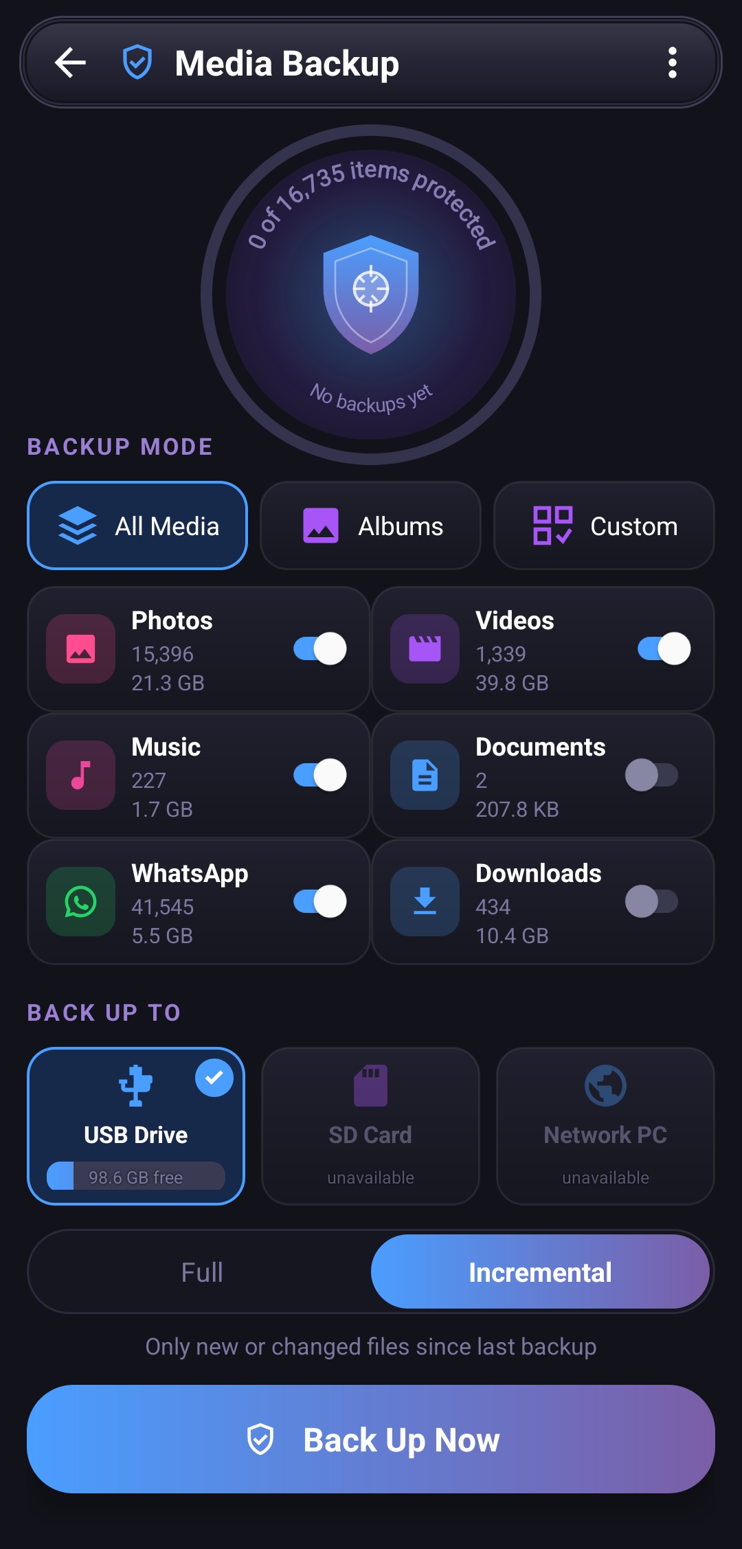 KRD Media Backup screen with selectable photos, videos, music and documents